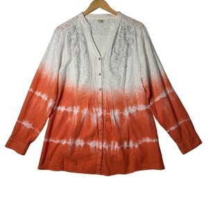 Reba Orange White Tie Dye Snap Button Blouse Womens Size 1X Boho Cottagecore NWT